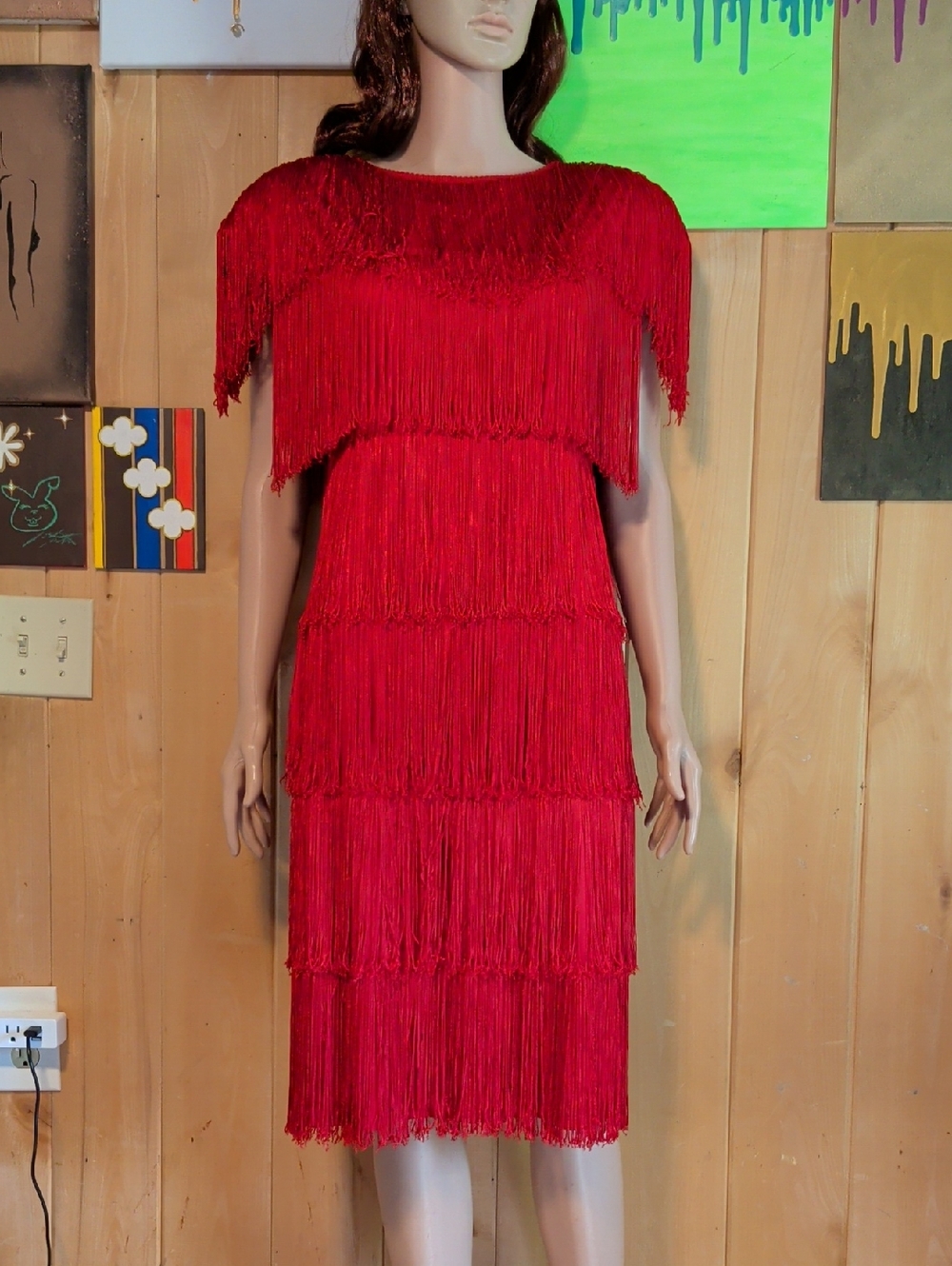 Vintage Red Fringe Tiered Midi Dress